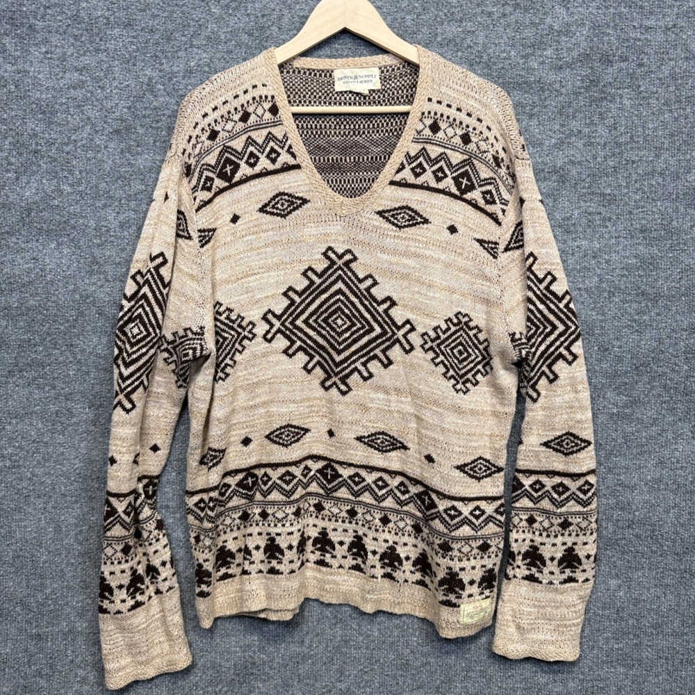 Vtg Denim & Supply Ralph Lauren XL Sweater Cream Gray Cotton Aztec Southwestern